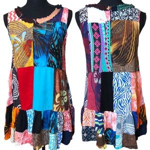Peaceful People Patchwork Babydoll Ruffled Sleeveless Tunic Boho S